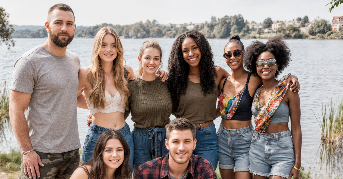 A diverse group in summer gear poses arm in arm in front of a lake on a summer outing.
